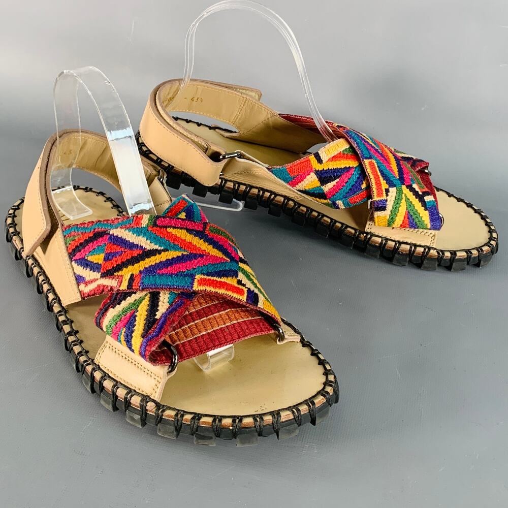 VALENTINO Size 10.5 Tan Multi Color Embroidery Leather Straps Sandals